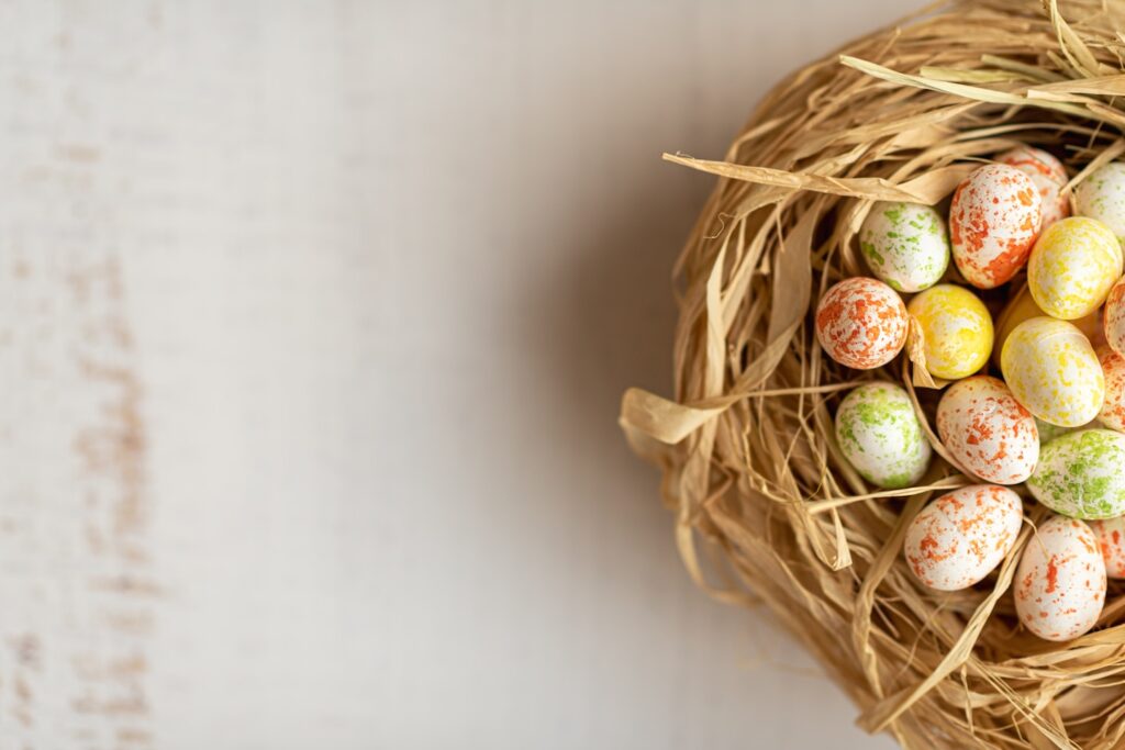 Easter background with Easter eggs in a nest. Top view with copy space. Easter holidays banner and header.