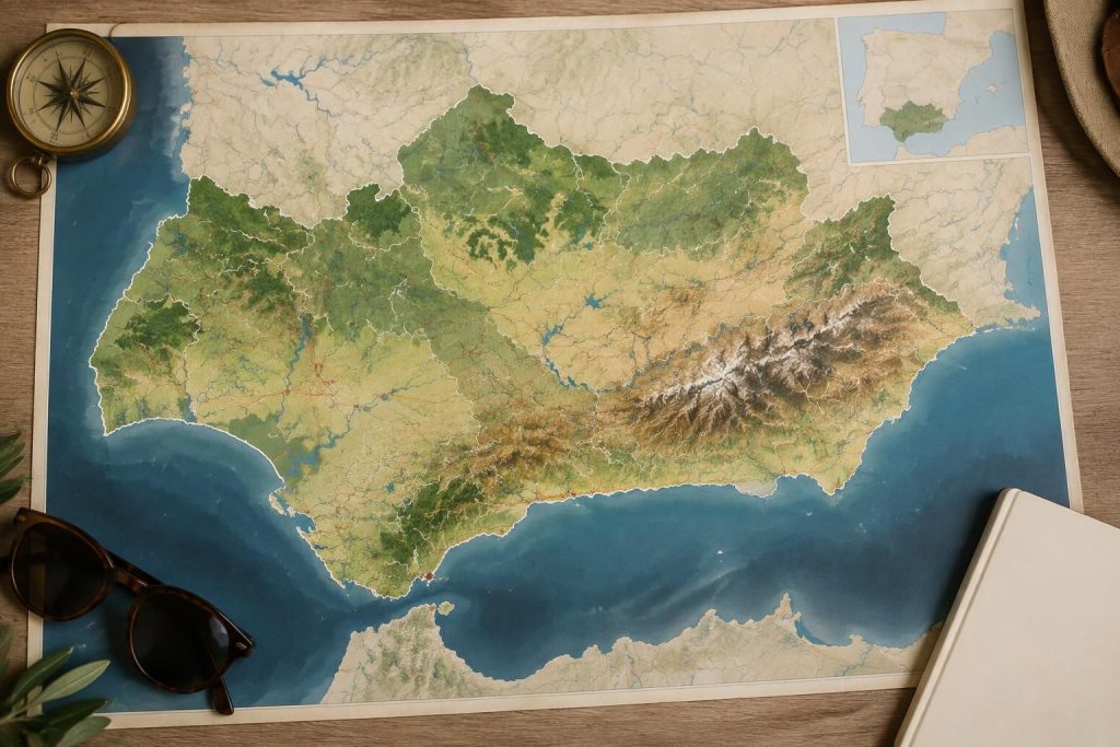explorez une carte détaillée de l’andalousie en espagne pour repérer les villes, sites incontournables et itinéraires et préparer facilement votre voyage.